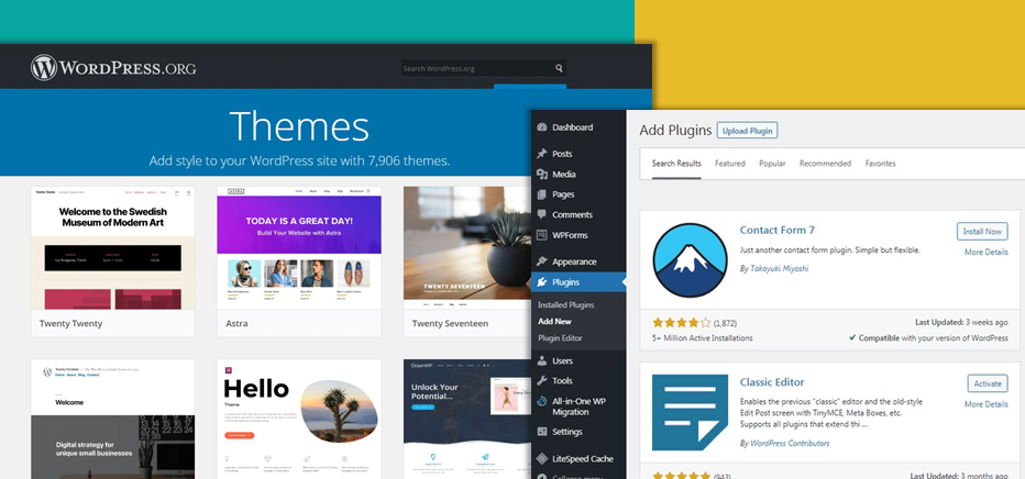 Wordpress comes with plenty of themes and plugins